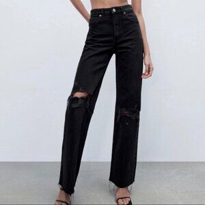 Zara black wide leg ripped knee Jeans Size 6 High Waisted Y2K